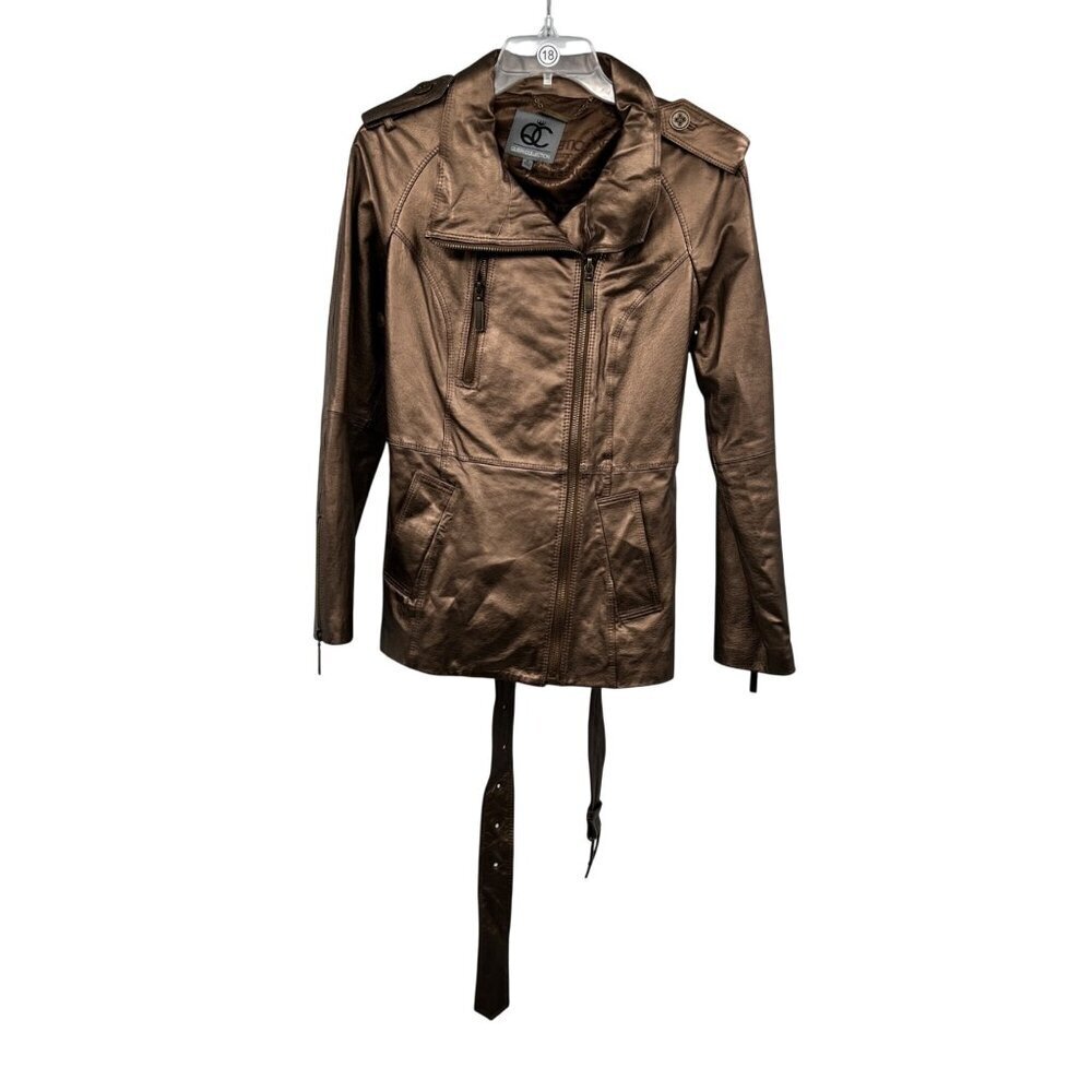 Queen Collection Leather Moto Jacket Belted Full Zip Metallic Brown Size Small